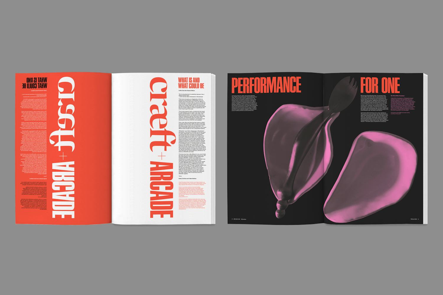 rationale, arcade magazine, craeft magazine, UW, 39.1, spread design, layout design, refraction, performance for one